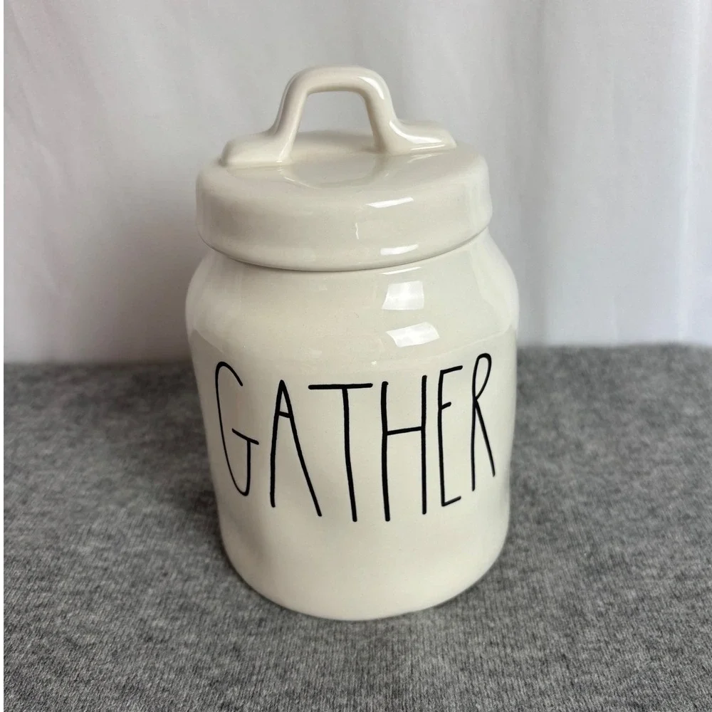 Rae Dunn GATHER Ceramic Canister Ivory Farmhouse Jar with Lid Artisan Collection